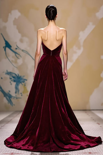 A-Line Dark Red Velvet Strapless Evening Dress